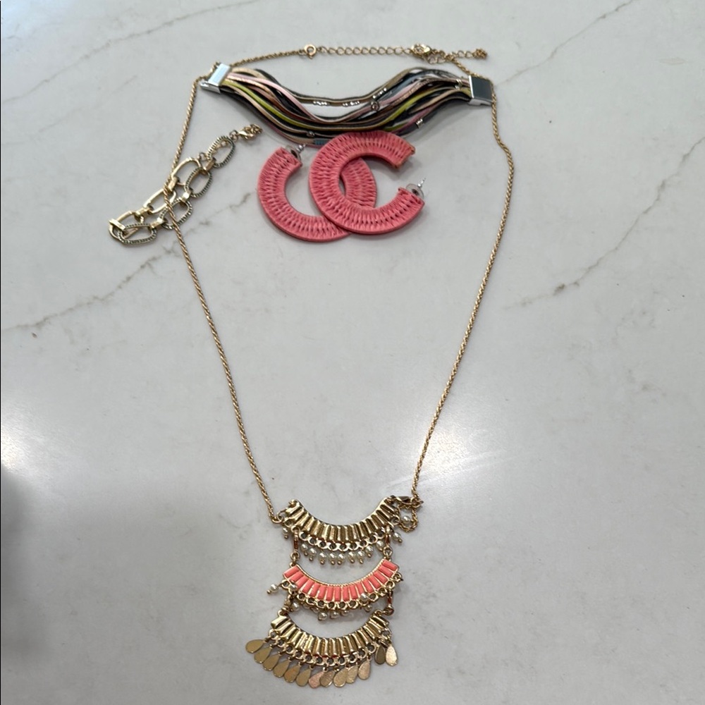 Gold and Pink and green and turquoise Layered Necklace with changeable extension